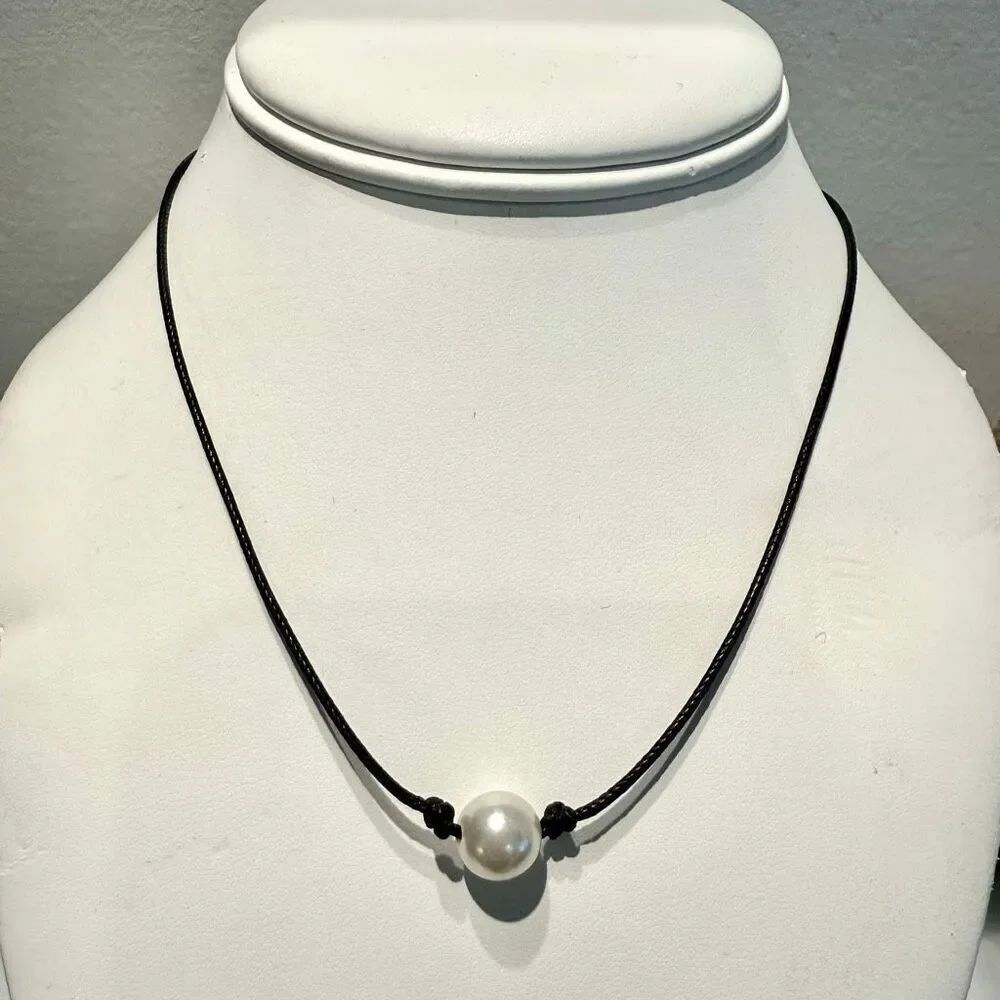 Vintage Tahitian Pearls Accent Single Strand Black Leather Cord Necklace
